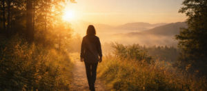 Person walking along a peaceful nature path symbolizing the journey of healing from trauma. Balancing Self Wellness - Jackie Messer