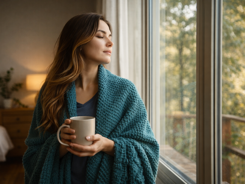 Person quietly reflecting by a window while processing emotions. - Balancing Self Wellness - Jackie Messer