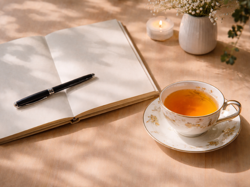 Open journal with blank pages and fountain pen on a sunlit wooden table beside a floral teacup filled with golden tea, with soft shadows from leaves, a candle, and a small vase of flowers creating a calm journaling scene. - Balancing Self Wellness - Jackie Messer