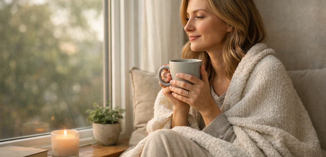 Woman wrapped in a blanket holding tea by a window during a peaceful self-care moment - Balancing Self Wellness
