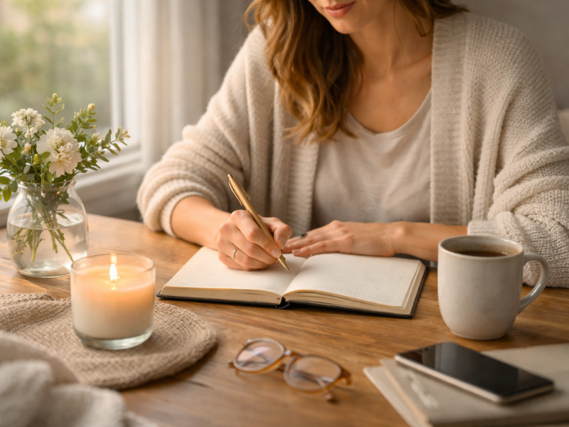 Woman journaling at a table with tea and candle as part of a calming self-care routine - Balancing Self Wellness